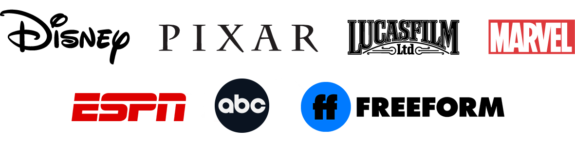 Company logos from Disney, Pixar, Lucas Film, Marvel, E S P N, A B C, and Freeform