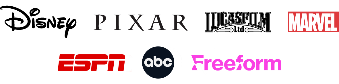 Company logos from Disney, Pixar, Lucas Film, Marvel, E S P N, A B C, and Freeform